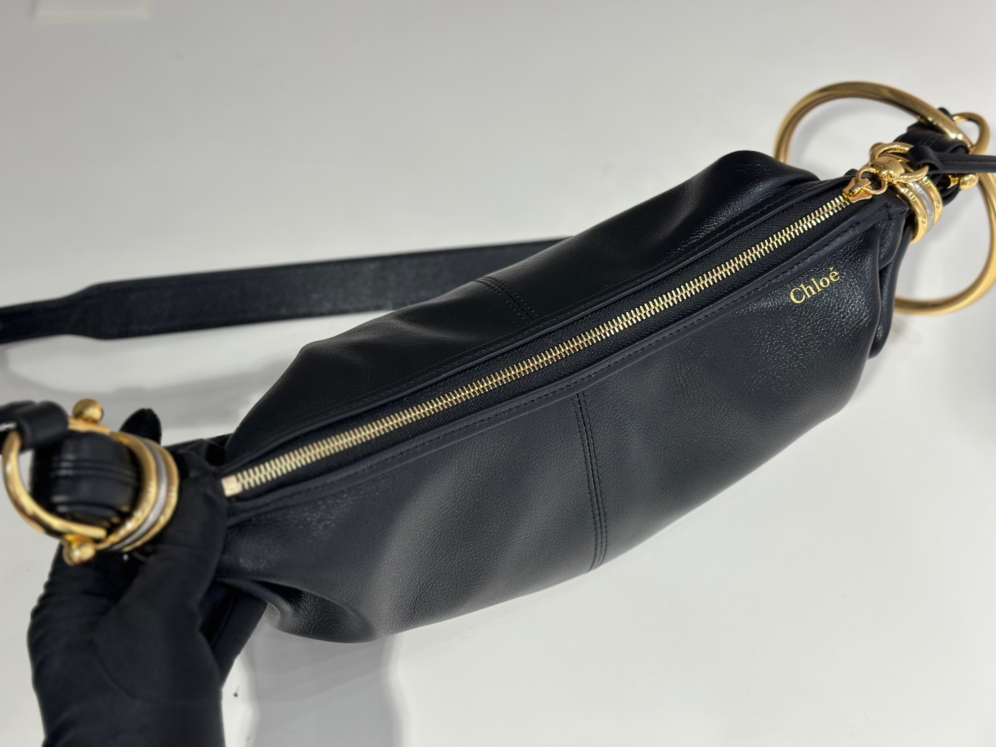 Chloe Small Bracelet Hobo Bag In Black Grained Leather